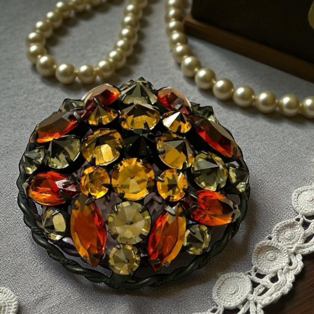 Vtg Schreiner Unmarked Inverted Rhinestone Brooch Amber, Smoky Topaz, Gray RARE